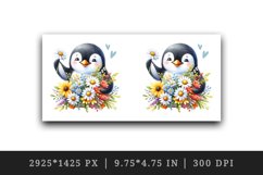 Watercolor cute penguin holding bouquet of wildflowers flowers smile print 20 oz tumbler skinny mug wrap clipart t-shirt sublimation printable design
