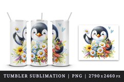 Watercolor cute penguin holding bouquet of wildflowers flowers smile print 20 oz tumbler skinny mug wrap clipart t-shirt sublimation printable design