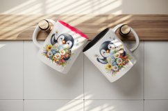 Watercolor cute penguin holding bouquet of wildflowers flowers smile print 20 oz tumbler skinny mug wrap clipart t-shirt sublimation printable design