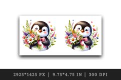 Watercolor cute penguin holding bouquet of wildflowers flowers smile print 20 oz tumbler skinny mug wrap clipart t-shirt sublimation printable design