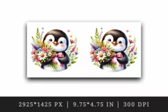 Watercolor cute penguin holding bouquet of wildflowers flowers smile print 20 oz tumbler skinny mug wrap clipart t-shirt sublimation printable design