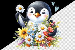 Watercolor cute penguin holding bouquet of wildflowers flowers smile print 20 oz tumbler skinny mug wrap clipart t-shirt sublimation printable design