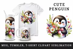Watercolor cute penguin holding bouquet of wildflowers flowers smile print 20 oz tumbler skinny mug wrap clipart t-shirt sublimation printable design