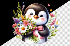 Watercolor cute penguin holding bouquet of wildflowers flowers smile print 20 oz tumbler skinny mug wrap clipart t-shirt sublimation printable design