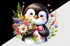 Watercolor cute penguin holding bouquet of wildflowers flowers smile print 20 oz tumbler skinny mug wrap clipart t-shirt sublimation printable design