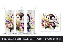 Watercolor cute penguin holding bouquet of wildflowers flowers smile print 20 oz tumbler skinny mug wrap clipart t-shirt sublimation printable design