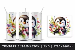 Watercolor cute penguin holding bouquet of wildflowers flowers smile print 20 oz tumbler skinny mug wrap clipart t-shirt sublimation printable design