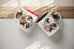 Watercolor cute penguin holding bouquet of wildflowers flowers smile print 20 oz tumbler skinny mug wrap clipart t-shirt sublimation printable design