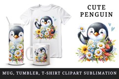 Watercolor cute penguin holding bouquet of wildflowers flowers smile print 20 oz tumbler skinny mug wrap clipart t-shirt sublimation printable design