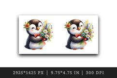 Watercolor cute penguin holding bouquet of wildflowers summer flowers print 20 oz tumbler skinny mug wrap clipart t-shirt sublimation printable design