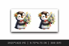 Watercolor cute penguin holding bouquet of wildflowers summer flowers print 20 oz tumbler skinny mug wrap clipart t-shirt sublimation printable design
