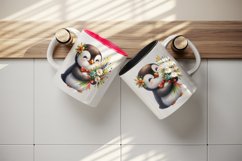 Watercolor cute penguin holding bouquet of wildflowers summer flowers print 20 oz tumbler skinny mug wrap clipart t-shirt sublimation printable design