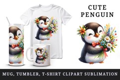 Watercolor cute penguin holding bouquet of wildflowers summer flowers print 20 oz tumbler skinny mug wrap clipart t-shirt sublimation printable design