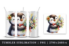 Watercolor cute penguin holding bouquet of wildflowers summer flowers print 20 oz tumbler skinny mug wrap clipart t-shirt sublimation printable design