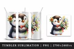 Watercolor cute penguin holding bouquet of wildflowers summer flowers print 20 oz tumbler skinny mug wrap clipart t-shirt sublimation printable design