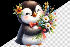 Watercolor cute penguin holding bouquet of wildflowers summer flowers print 20 oz tumbler skinny mug wrap clipart t-shirt sublimation printable design