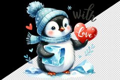Watercolor cute penguin holding heart With Love Valentine Day quote print 20 oz tumbler skinny mug wrap clipart t-shirt sublimation printable design