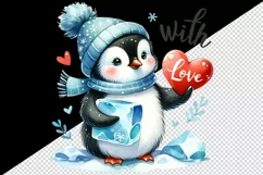 Watercolor cute penguin holding heart With Love Valentine Day quote print 20 oz tumbler skinny mug wrap clipart t-shirt sublimation printable design