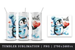 Watercolor cute penguin holding heart With Love Valentine Day quote print 20 oz tumbler skinny mug wrap clipart t-shirt sublimation printable design
