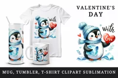 Watercolor cute penguin holding heart With Love Valentine Day quote print 20 oz tumbler skinny mug wrap clipart t-shirt sublimation printable design