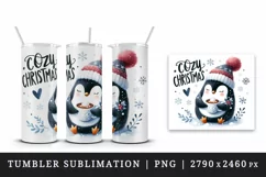 Watercolor cute penguin holding hot cocoa Cozy Christmas quote print 20 oz tumbler skinny mug wrap clipart t-shirt sublimation printable design
