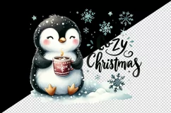Watercolor cute penguin holding hot cocoa Cozy Christmas quote print 20 oz tumbler skinny mug wrap clipart t-shirt sublimation printable design