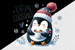 Watercolor cute penguin holding hot cocoa Cozy Christmas quote print 20 oz tumbler skinny mug wrap clipart t-shirt sublimation printable design
