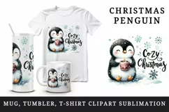 Watercolor cute penguin holding hot cocoa Cozy Christmas quote print 20 oz tumbler skinny mug wrap clipart t-shirt sublimation printable design