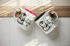 Watercolor cute penguin holding hot cocoa Cozy Christmas quote print 20 oz tumbler skinny mug wrap clipart t-shirt sublimation printable design