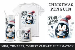 Watercolor cute penguin holding hot cocoa Cozy Christmas quote print 20 oz tumbler skinny mug wrap clipart t-shirt sublimation printable design