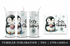 Watercolor cute penguin holding hot cocoa Cozy Christmas quote print 20 oz tumbler skinny mug wrap clipart t-shirt sublimation printable design
