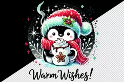 Watercolor cute penguin hot cocoa Warm Wishes Christmas quote New Year winter print tumbler mug wrap clipart t-shirt sublimation printable design png