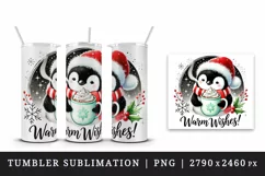 Watercolor cute penguin hot cocoa Warm Wishes Christmas quote New Year winter print tumbler mug wrap clipart t-shirt sublimation printable design png