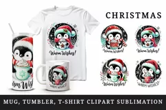 Watercolor cute penguin hot cocoa Warm Wishes Christmas quote New Year winter print tumbler mug wrap clipart t-shirt sublimation printable design png