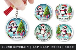 Watercolor cute penguin ice skating Christmas tree Let it Snow quote Christmas New Year winter print round keychain keychains sublimation design