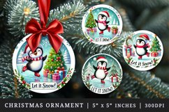 Watercolor cute penguin ice skating Christmas tree Let it Snow quote Christmas New Year winter print round ornament ornaments sublimation design