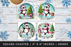 Watercolor cute penguin ice skating Christmas tree Let it Snow quote Christmas New Year winter print square coaster mug coasters sublimation design
