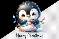 Watercolor cute penguin lights Merry Christmas greeting quote print 20 oz tumbler skinny mug wrap clipart t-shirt sublimation printable design