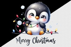 Watercolor cute penguin lights Merry Christmas greeting quote print 20 oz tumbler skinny mug wrap clipart t-shirt sublimation printable design