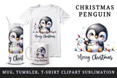 Watercolor cute penguin lights Merry Christmas greeting quote print 20 oz tumbler skinny mug wrap clipart t-shirt sublimation printable design