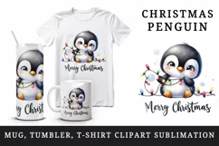Watercolor cute penguin lights Merry Christmas greeting quote print 20 oz tumbler skinny mug wrap clipart t-shirt sublimation printable design