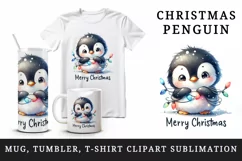 Watercolor cute penguin lights Merry Christmas greeting quote print 20 oz tumbler skinny mug wrap clipart t-shirt sublimation printable design
