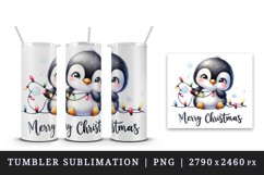 Watercolor cute penguin lights Merry Christmas greeting quote print 20 oz tumbler skinny mug wrap clipart t-shirt sublimation printable design