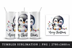 Watercolor cute penguin lights Merry Christmas greeting quote print 20 oz tumbler skinny mug wrap clipart t-shirt sublimation printable design