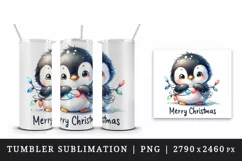 Watercolor cute penguin lights Merry Christmas greeting quote print 20 oz tumbler skinny mug wrap clipart t-shirt sublimation printable design