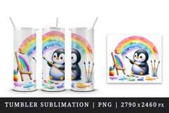 Watercolor cute penguin painting on canvas paint splatters colorful rainbow print tumbler skinny mug wrap clipart t-shirt sublimation printable design