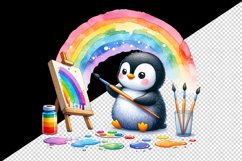 Watercolor cute penguin painting on canvas paint splatters colorful rainbow print tumbler skinny mug wrap clipart t-shirt sublimation printable design