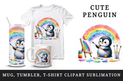 Watercolor cute penguin painting on canvas paint splatters colorful rainbow print tumbler skinny mug wrap clipart t-shirt sublimation printable design