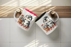 Watercolor cute penguin picnic basket full of fish red checkered blanket print tumbler skinny mug wrap clipart t-shirt sublimation printable design