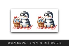 Watercolor cute penguin picnic basket full of fish red checkered blanket print tumbler skinny mug wrap clipart t-shirt sublimation printable design